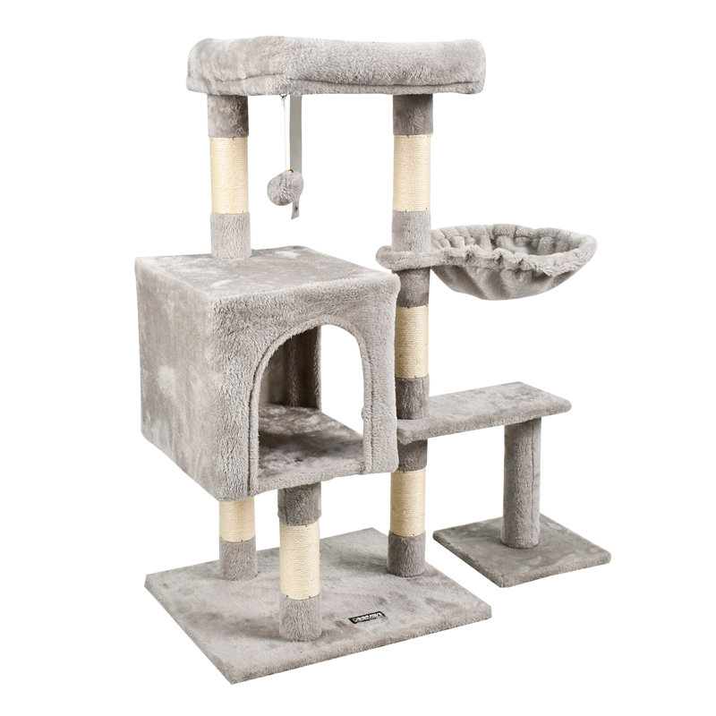 GOOPAWS 37-in Faux Fur Cat Tree & Condo with Basket, Grey