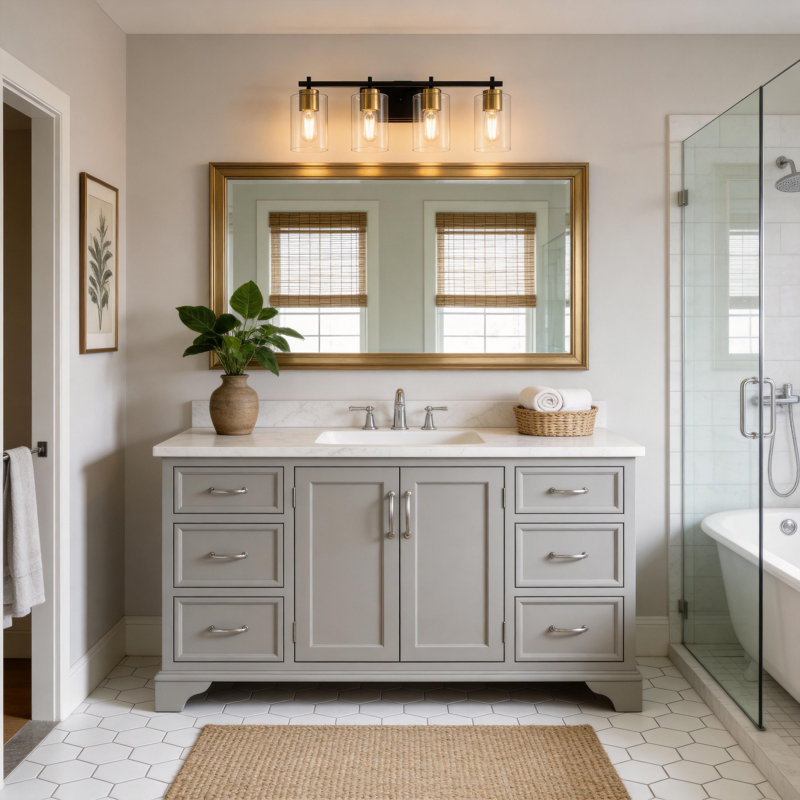 4-Light Glass Shade Bathroom Vanity Lights Dimmable, Clear, Brushed Gold