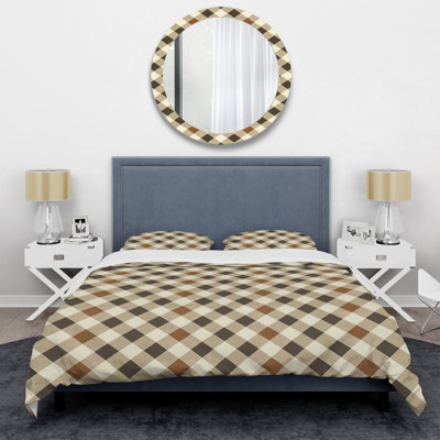 Ensemble de housse de couette moderne à motif vichy brun et beige I
