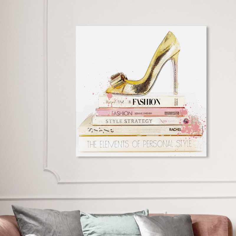 «Gold Shoe and Blush Books», art textuel sur toile, H 40 po x l 40 po, Toile tendue