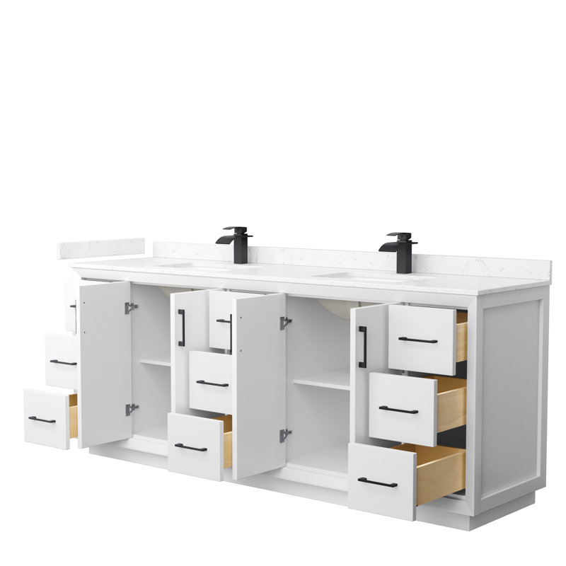 84'' Double Bathroom Vanity with Cultured Marble Top, Black, White, Carrara Cultured Marble