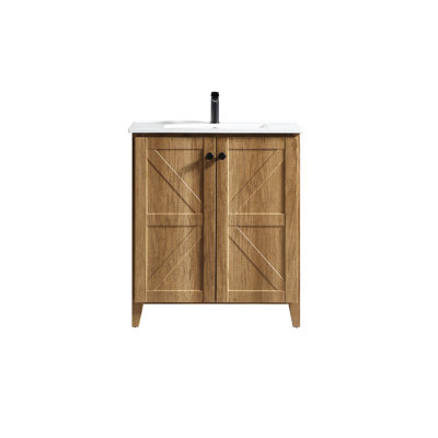 Ensemble de meuble-lavabo autoportant de 30 po de style américain, armoire de rangement en relief 3D avec plateau en céramique et portes à fermeture en douceur (gris antique / chêne doré)