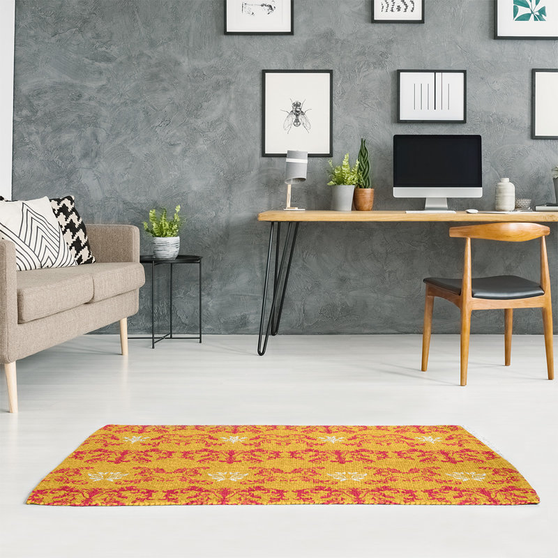 Tapis damassé jaune / rouge, Rectangle 5 pi x 7 pi
