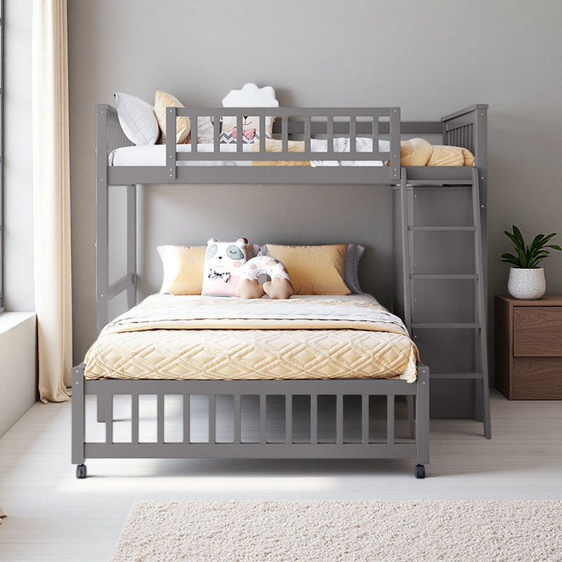 Lit superposé simple au-dessus de double en bois avec six tiroirs et tablettes flexibles, lit inférieur avec roulettes, Gris