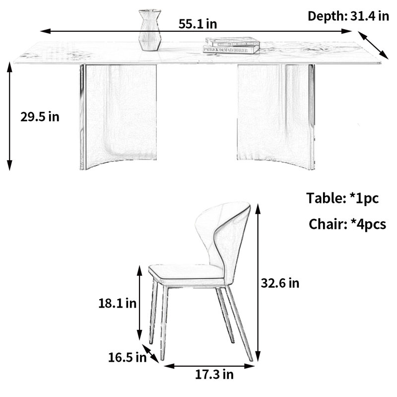 Table de salle à manger élégante et minimaliste moderne, H 29,5 po x l 31,4 po x L 55,1 po