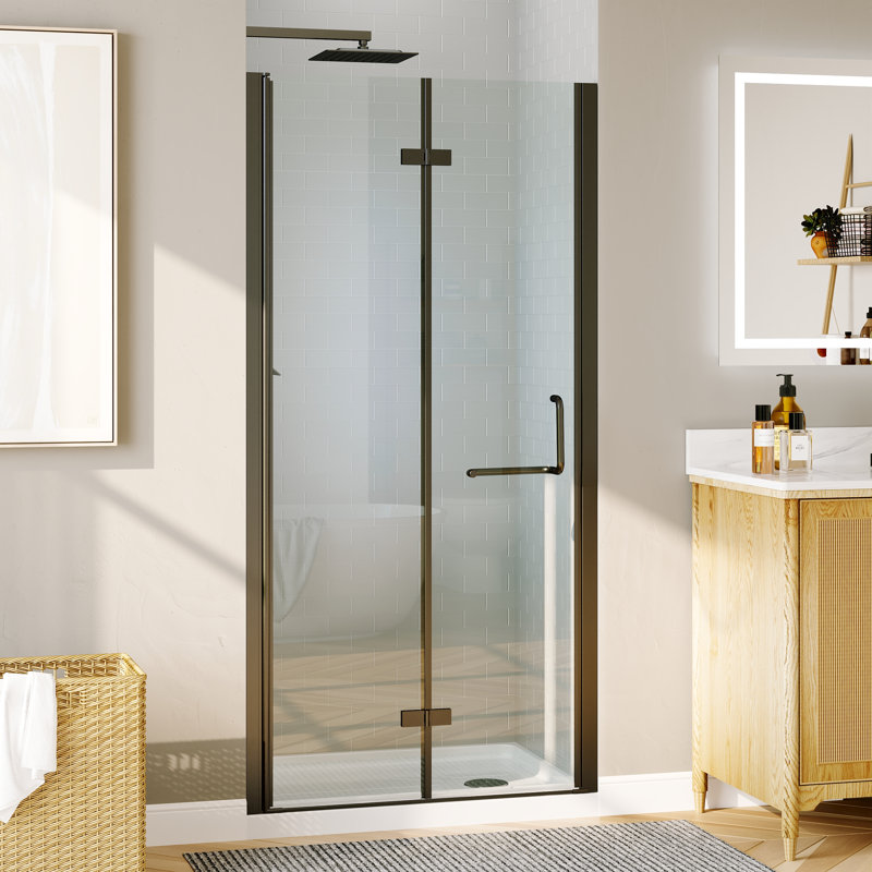 Portes de douche pliantes sans cadre, 89 à 92 cm de largeur x 183 cm de hauteur, noir mat, avec verre trempé transparent de 6 mm.