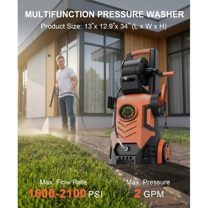 2026New Pressure Washer 2100Psi With Adj-8-Level Touch Screen,2Gpm, 34" Tall Power Washer, 4 Quick Connect Nozzles, Inlet Hose&Filter&500Mlfoam Cannon For Cars/Fences/Driveways,Red