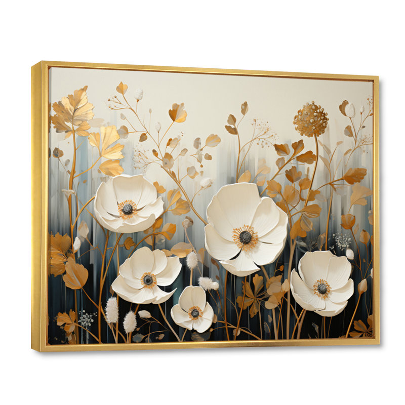 Attikus - collage de fleurs minimalistes blanches et jaunes - impression, H 30 po x l 40 po x P 1,5 po, Cadre flottant doré