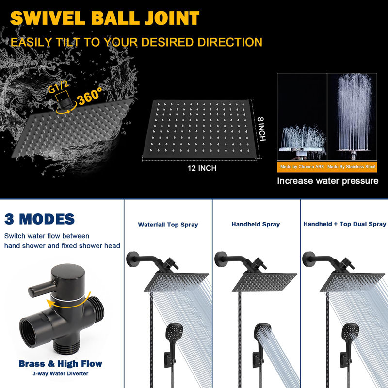 12-Inch Shower Set With Hose, Matte Black