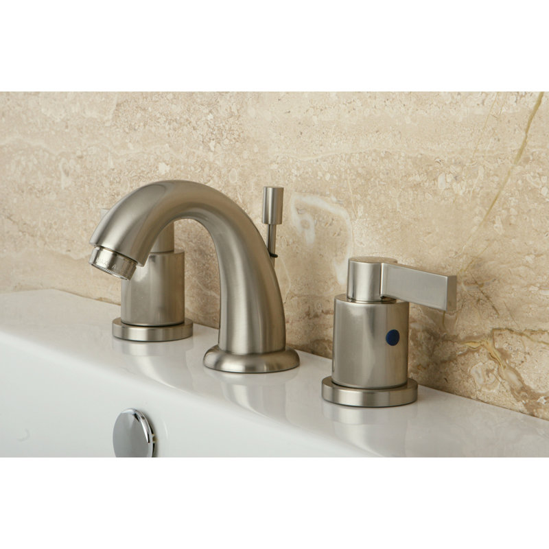 Kingston Brass NuvoFusion Two-Handle 3-Hole Deck Mount Widespread Bathroom Faucet with Retail Pop-Up Drain, Brushed Nickel