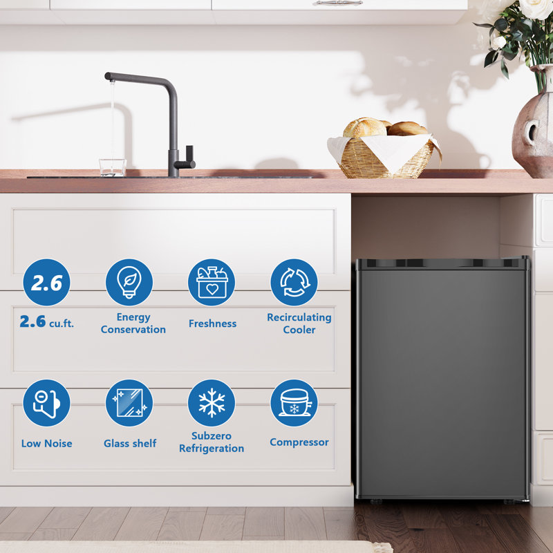 Reversible Door 2.6 Cu.   Ft. Chic Mini Fridge with Freezer - 7 Precise Temp Controls, 2 Easy-Clean Shelves, Perfect for Bedrooms, Offices & Dorms, Crisp Finish
