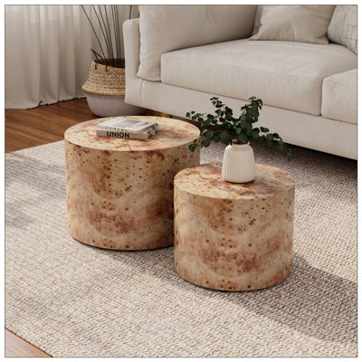 Nesting Coffee Table Set of 2, Modern Round Accent Tables for Small Spaces, Versatile and Durable Wooden Drum Side Tables