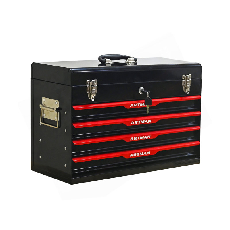 Boîte à outils portative en acier de 20 pouces avec tiroirs - Organisateur de boîte de rangement pour outils avec dispositif de fermeture à verrou en métal - Armoire de rangement pour outils thermolaquée (ROUGE)