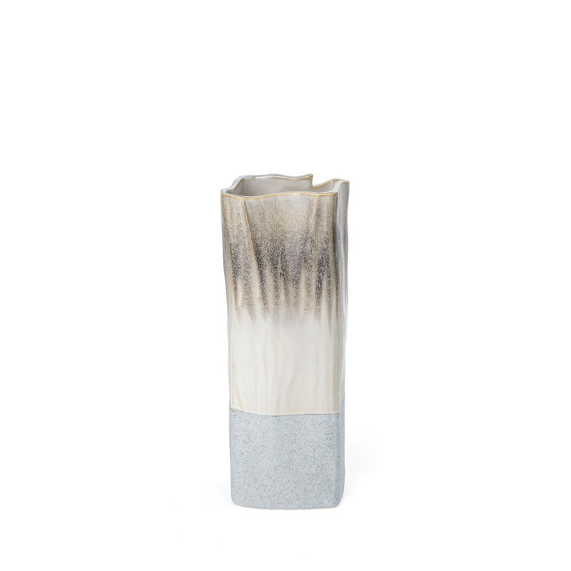 12" Brown Light Blue And Off White Color Block Square Ceramic Table Vase