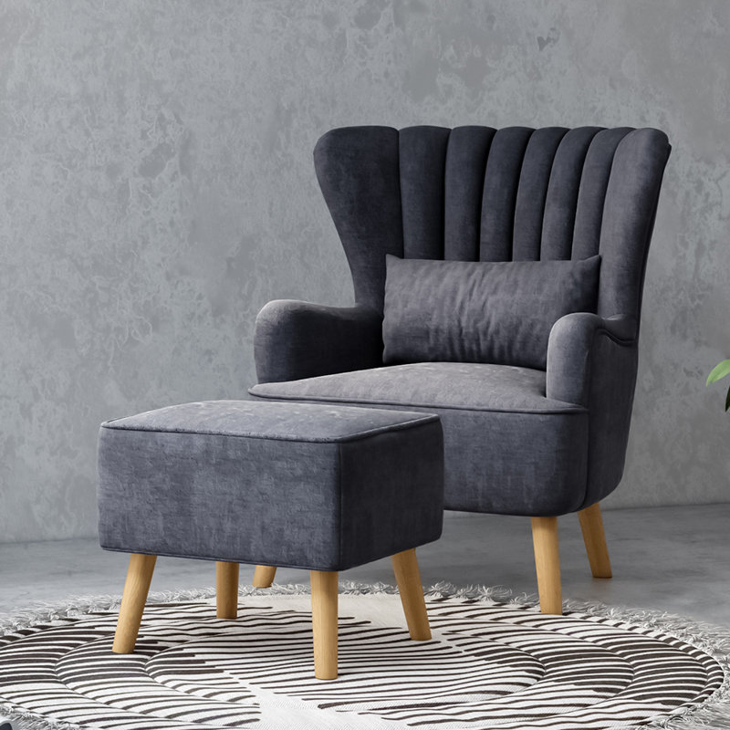 Kiro Upholstered Wingback Chair with Footstool, Dark Grey