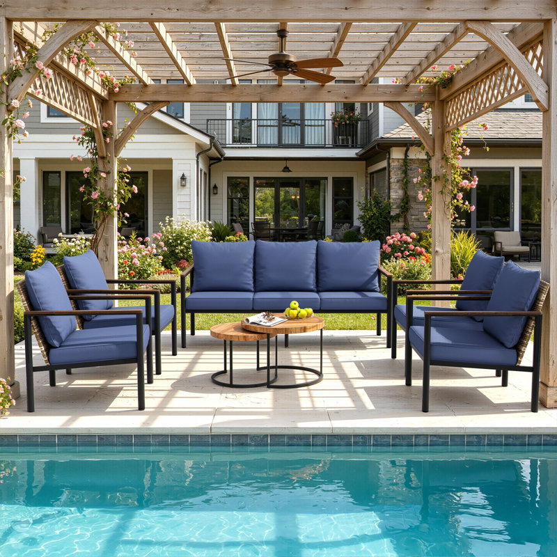 7-person Outdoor Patio Conversation Set With 4” Thick Water Repellent Cushions, All Rust-Proof Aluminum Frame & Coffee Tables