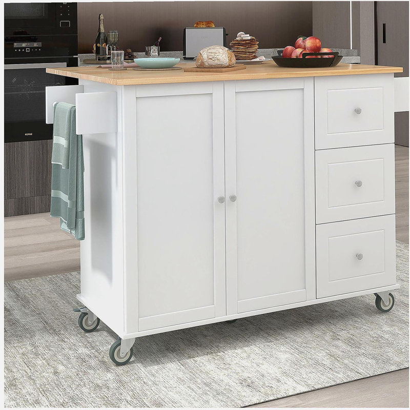 Avec plateau en bois fixe et roulette verrouillable, îlot de cuisine mobile de 52,7 po de largeur, armoire de rangement et barre à déjeuner pliable, étagère à épices, porte-serviettes et tiroir (noir)