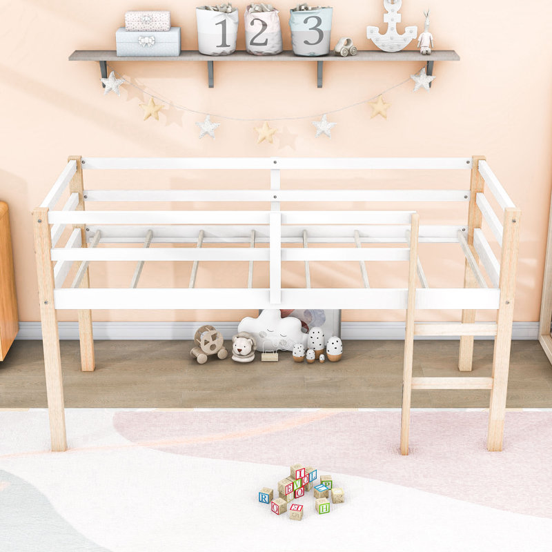 Twin Wooden Loft Bed With Safety Guardrails And Ladder