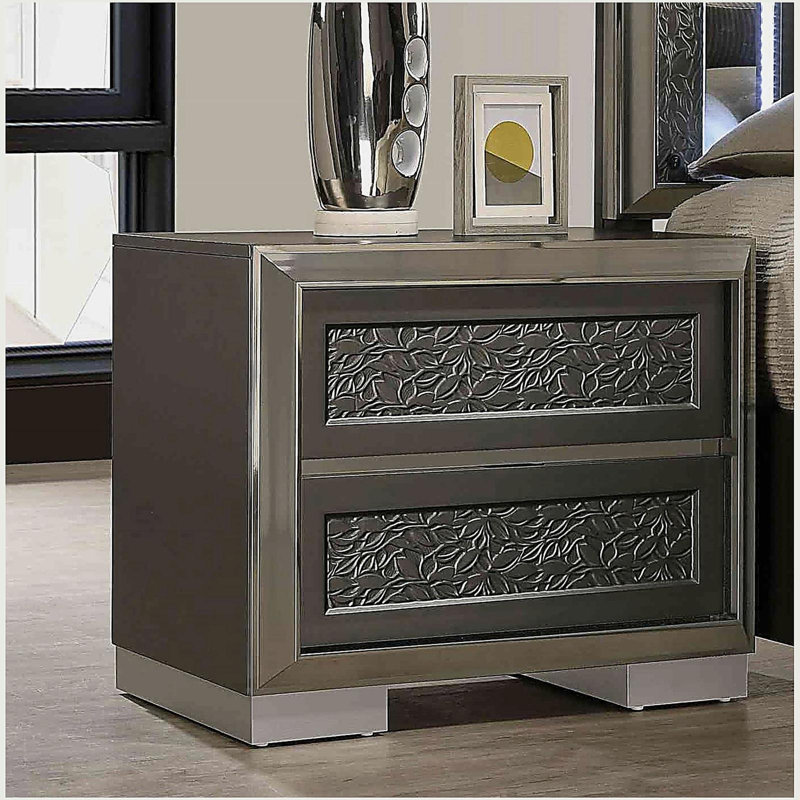 1 pièce, table de chevet à motif de feuilles, moulures, pattes latérales en métal, finition gris foncé