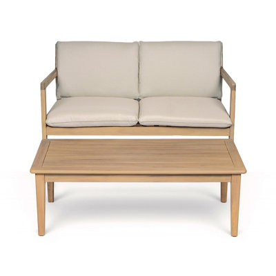Causeuse d'extérieur en bois d'acacia avec table basse, structure en teck clair, coussin beige