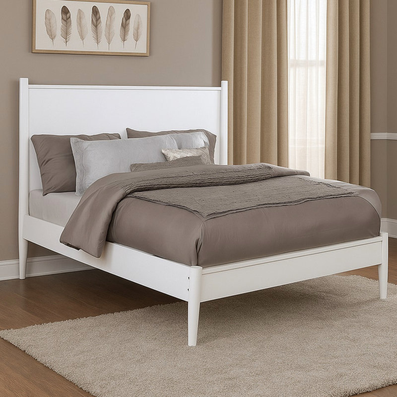 Lit plateforme moderne en bois massif de taille moyenne Mid-Century, pieds en bois massif et pieds fuselés ronds, ensemble de lattes, pas de sommier pour la construction de la chambre à coucher, arrangement
