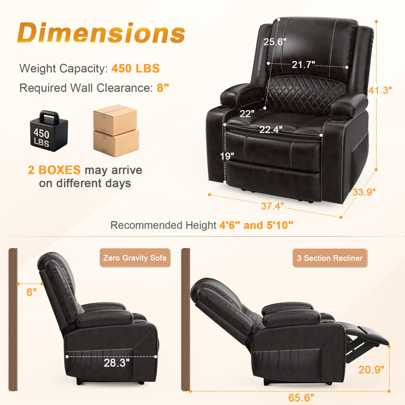 Single Recliner Sofa for RV & Home, 3-Position Recliner with Arm Storage and Side Pocket, Brown, Faux Leather