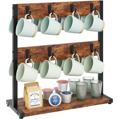 Wood Coffee Mug Holder For Countertop,16 Hook Mug Tree Holder Rack With Storage Base,Mug Display Organizer,Mug Holders For Home Kitchen, Rustic Brown