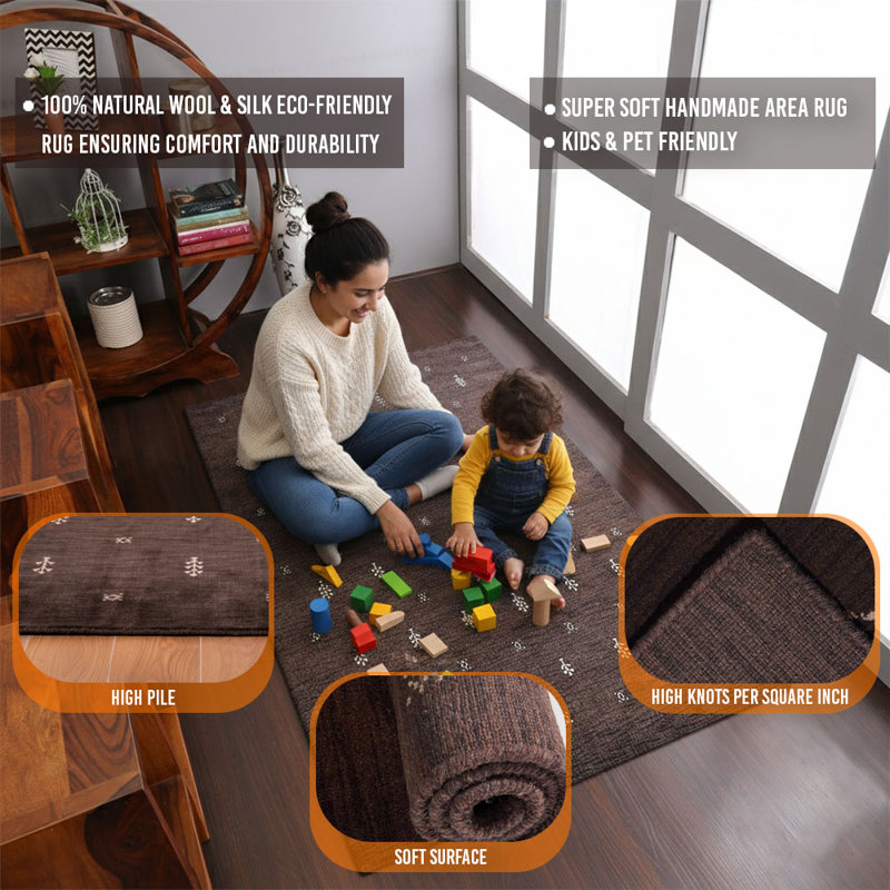Ownby Hand Knotted Loom Wool Eco-Friendly Area Rugs - Rectangle, Brown White Color, Contemporary Modern Design, High Pile Thick Handmade Anti Skid Area Rugs for Living Room, Bed Room