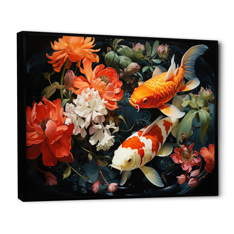 Japon Yellow And Red Golden Koi IV - Japanese Wall Art Prints, H 30 po x l 40 po x P 1,5 po, Cadre flottant noir