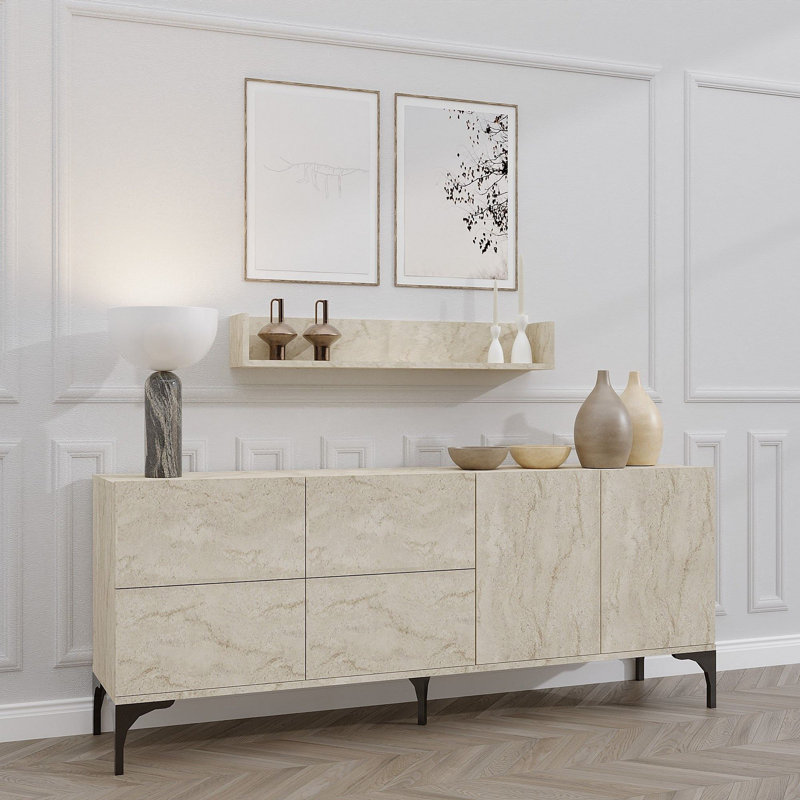 Console moderne avec tablette murale, couleur travertin, 70,9 x 21,7 x 15,7 pouces | 100% panneau de particules enduit de mélamine, épaisseur: 0,7 pouce | Comprend de nombreuses tablettes, une conception murale, parfaite pour la décoration du salon et du vestibule