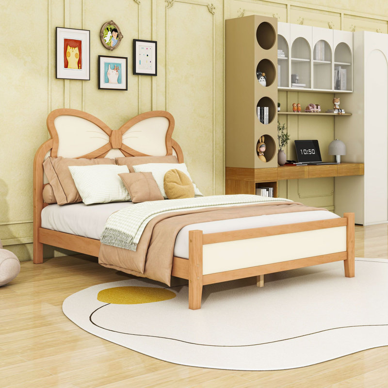 Lit plateforme en bois avec tête de lit, Lit double, Naturel beige