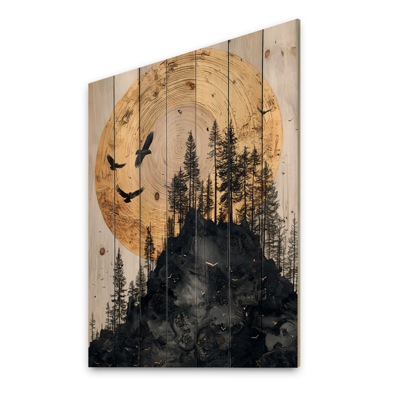 Corbeau gothique sous une lune dorée II - décoration murale en bois de corbeau - sur bois de pin naturel, H 20 po x l 10 po