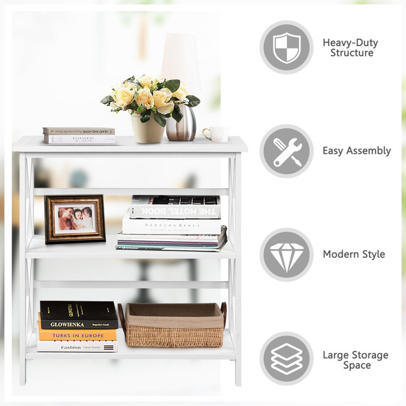 34'' H X 31'' W 3-Tier Bookcase & Bookshelf, Stable Open Storage Shelf w/Solid Wood Frames, White