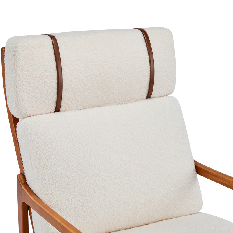 Rowden Mid-Century Modern Lounge Chair With Cushions And Solid Rubberwood Frame, Ivory Boucle