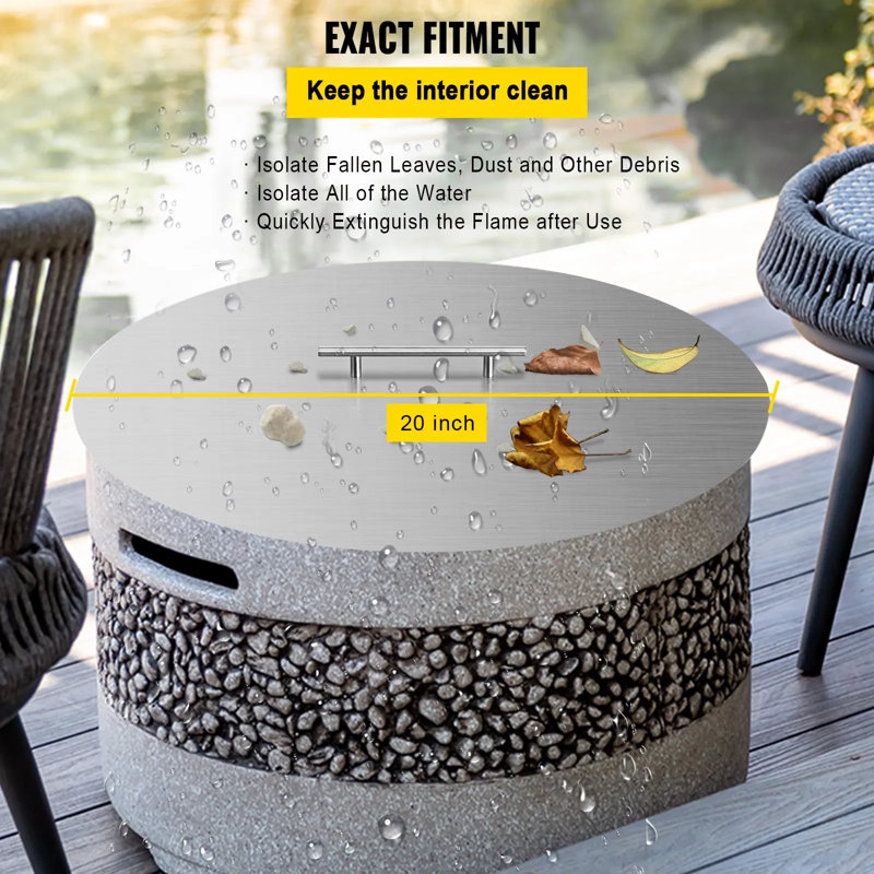 Couvercle de foyer rond de 50 cm (20 pouces) en acier inoxydable 304 de 1,5 mm d'épaisseur, conçu pour les foyers de terrasse ronds.