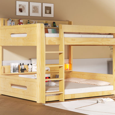 Grand lit superposé au-dessus de couleur bois, tablettes de rangement et cadre de charge en pin, conception sécuritaire avec ports, finition solide, aucun sommier tapissier requis