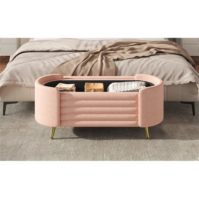 Banc rembourré avec rangement en tissu chenille moderne pour le salon, la chambre à coucher et le vestibule, Rose