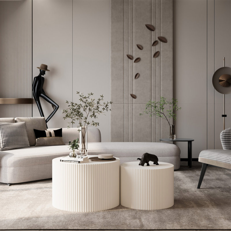 Ensemble de table basse gigogne à rayures Wave pour salon, chambre à coucher (ensemble de 2 pièces), White
