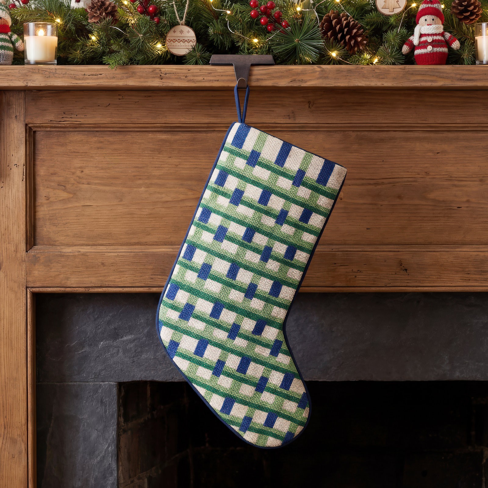 Abstract Plaid Blue Embroidered Holiday Stocking
