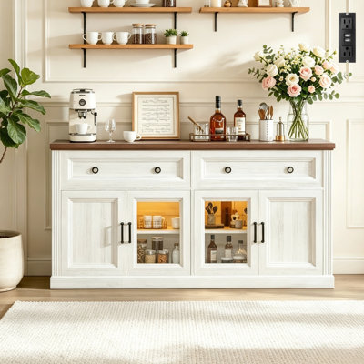 63"W Large Rustic Wood Sideboard Buffet Cabinet With2 Large Drawers & Transparent Doors, Farmhouse 4 Doors Kitchen Storage Cabinet With Charging Station And LED Light, TV Stand With Adjustable Shelves