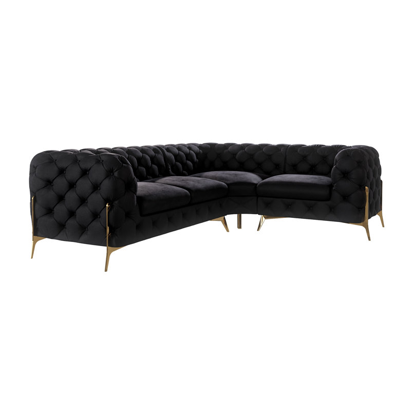 Chesterfield Corner Sofa L-Shape  with Gold Metal Legs, Black, Left Hand Facing