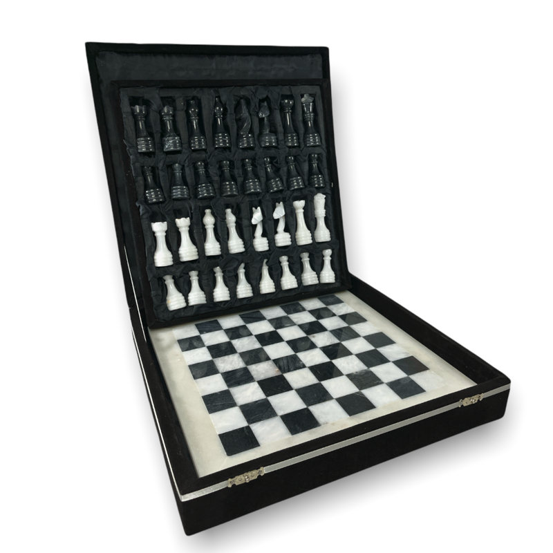 Jeu d'échecs en marbre noir et blanc 16 po avec bordure noire | Jeu d'échecs en marbre de luxe de grande taille avec boîte-cadeau élégante | Jeu d'échecs fait à la main