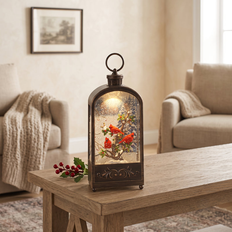 Lanterne boule à neige rotative avec décor de cardinal, 32,4 cm de hauteur