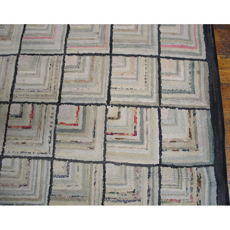 Light Ivory Color Antique American Folk Art Geometric Log Cabin Pattern Hooked Rug