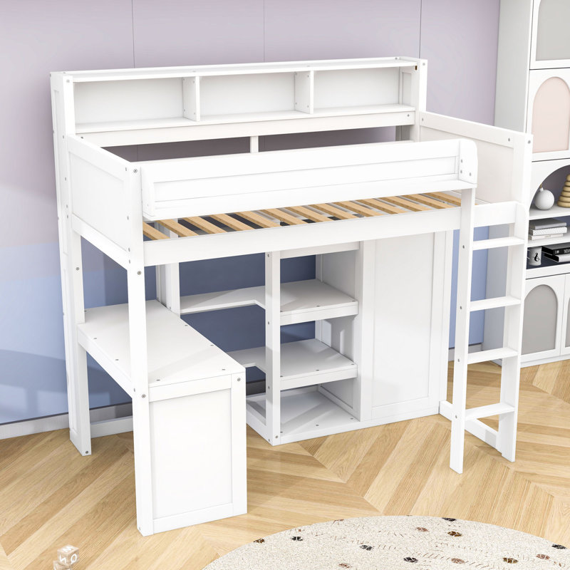 Lit mezzanine simple en bois avec bureau, garde-robe, tablettes et échelle, Blanc