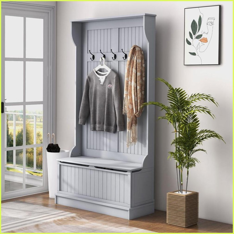 Arbre d'entrée avec banc de rangement, organisateur de hall d'entrée 3 en 1 4 crochets et amp; Rangement pour chaussures, 38 po gris | Portemanteaux | gris
