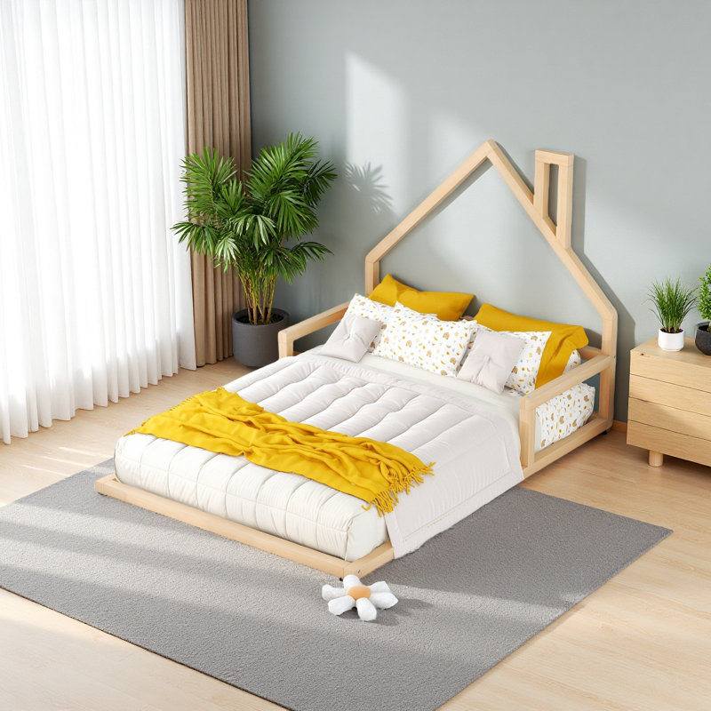 Lit double en bois avec tête de lit, Naturel