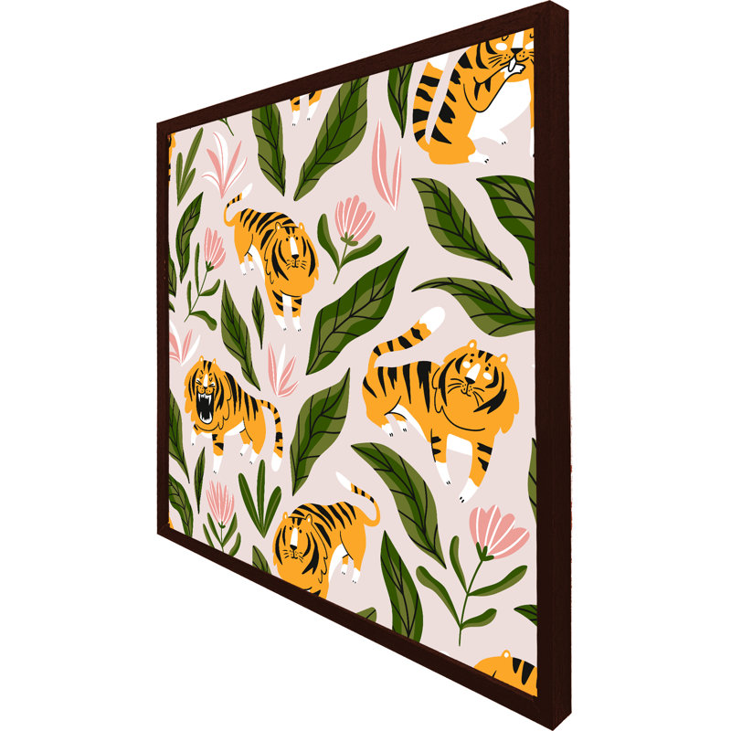 Abygael Cute Tigers And Tropical Leaves And Flowers - Single Picture Frame Print, 61cm H x 61cm W x 4cm D, Brown Framed