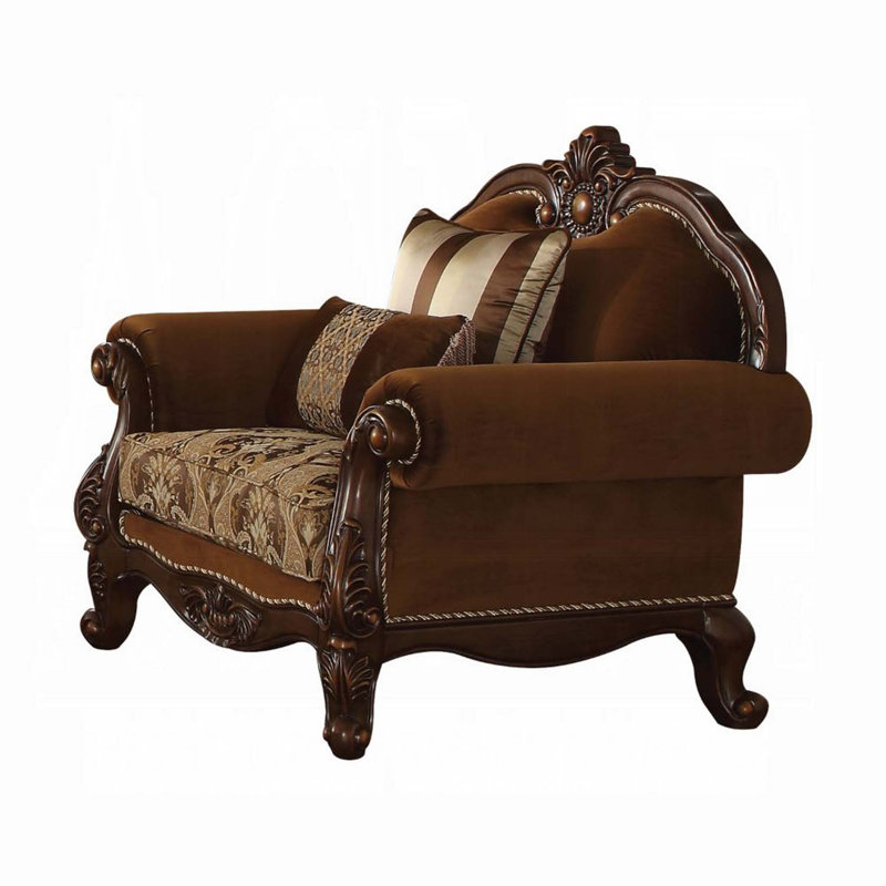 Chaise Jardena avec 2 coussins, tissu à motif et finition chêne cerisier
