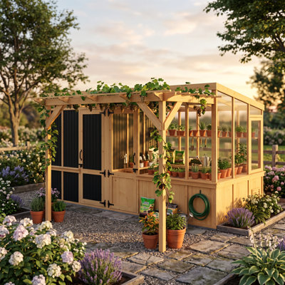 94.6" H x 168.4" W Natural Cedarwood Greenhouse, Shed & Pergola Combo